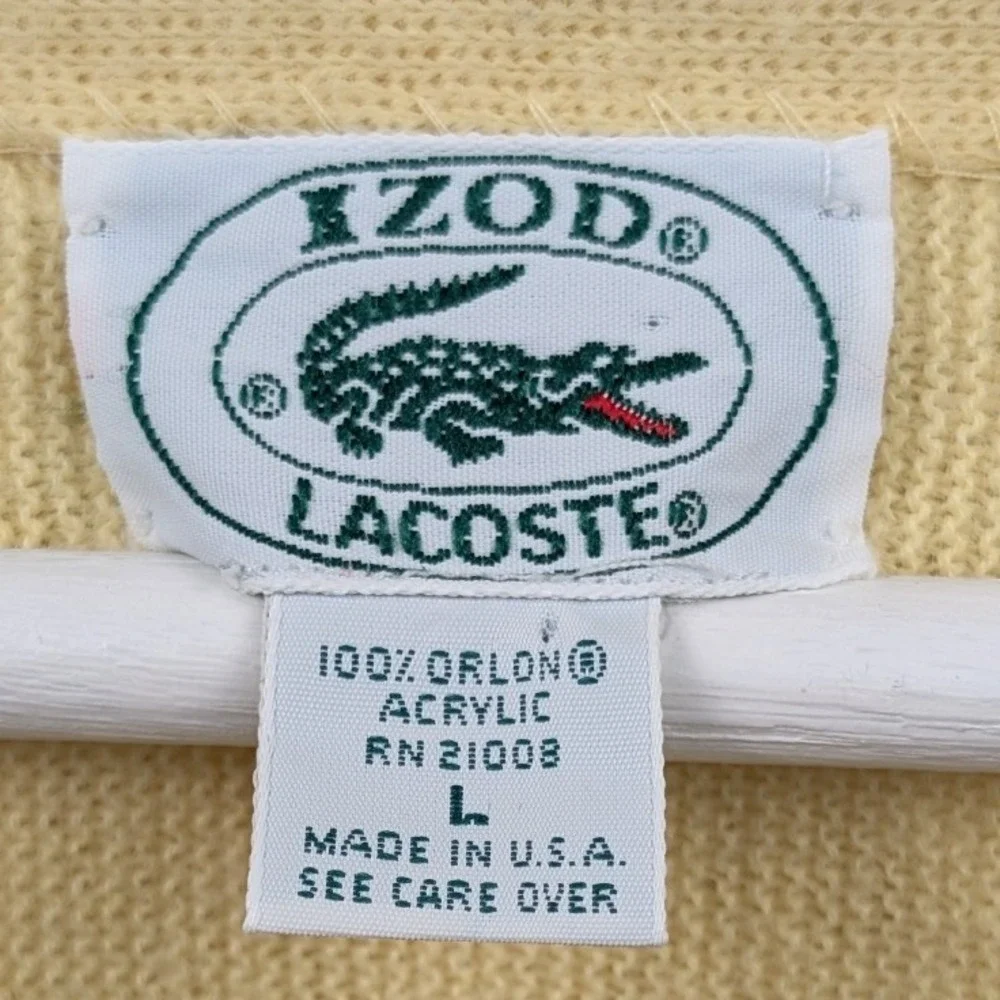VTG Izod Lacoste Cardigan Men's L Yellow Button Front Knit V-Neck Preppy 80s